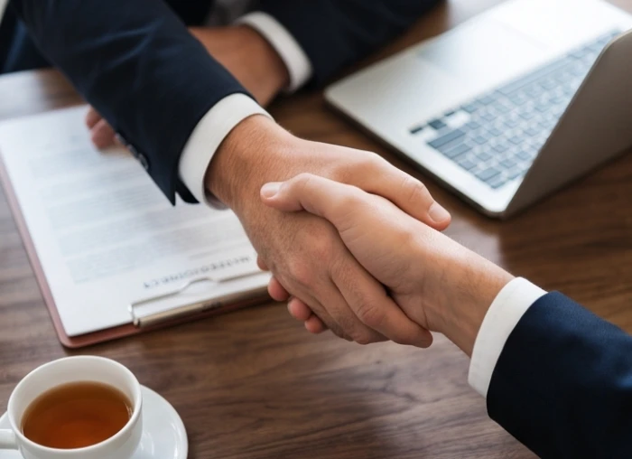 Hai người đang bắt tay hợp tác ký kết hợp đồng kinh doanh trên bàn làm việc thể hiện sự đồng thuận