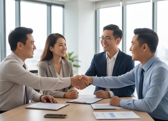 Những đối tác kinh doanh đang mỉm cười bắt tay nhau tại văn phòng làm việc tràn ngập ánh sáng tự nhiên