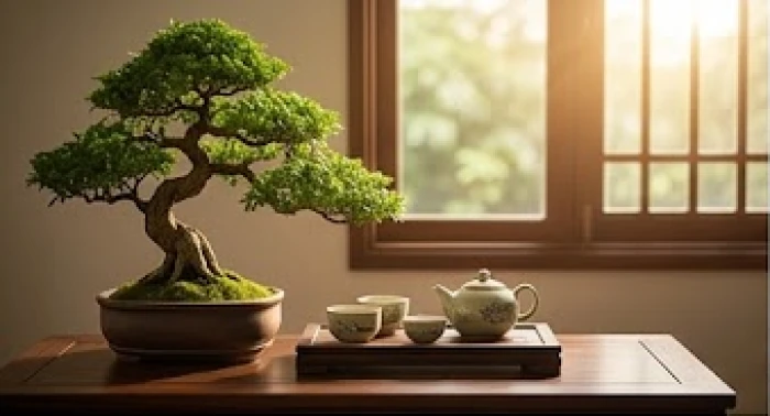 Chậu cây bonsai xanh tươi đặt cạnh khay trà đạo tượng trưng cho năng lượng sinh trưởng của Mộc cục