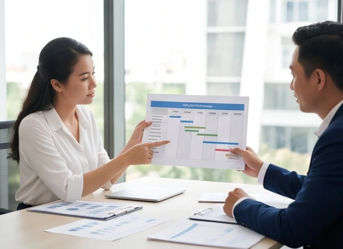 Hai cộng sự đang cùng nhau thống nhất tiến độ và phân chia rõ ràng trách nhiệm trên tài liệu kế hoạch làm việc