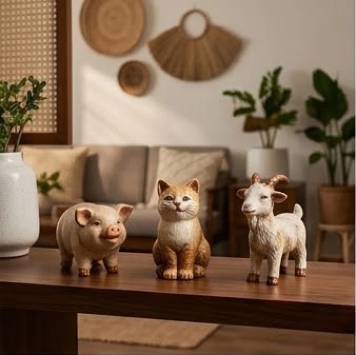 Ba linh vật lợn mèo dê bằng gốm sứ đặt cạnh nhau thể hiện bộ tam hợp hợi mão mùi mang lại sự gắn kết vững chắc