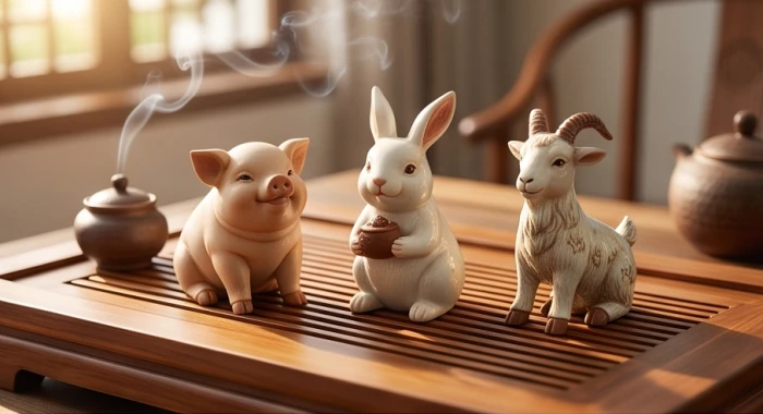 Mô hình biểu tượng tam hợp Hợi Mão Mùi bằng gốm sứ đặt trang trọng bên bàn trà phong thủy