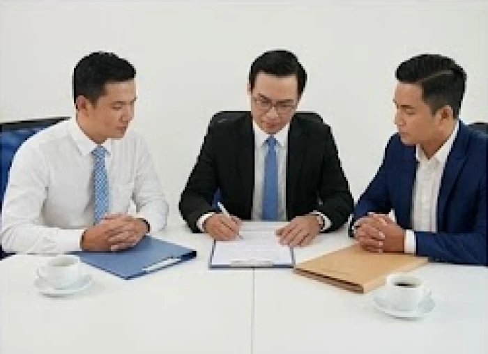 Đối tác ký kết hợp đồng kinh doanh minh bạch và chia sẻ hồ sơ tài chính rõ ràng tại bàn họp chung