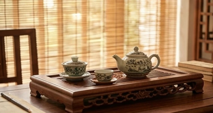 Biểu tượng phong thủy tam hợp và lục hợp được bài trí tinh tế trên bàn trà phòng khách trang nhã