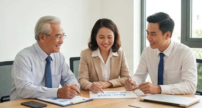 Nhóm cổ đông các độ tuổi thảo luận vui vẻ và thống nhất kế hoạch phát triển dự án kinh doanh