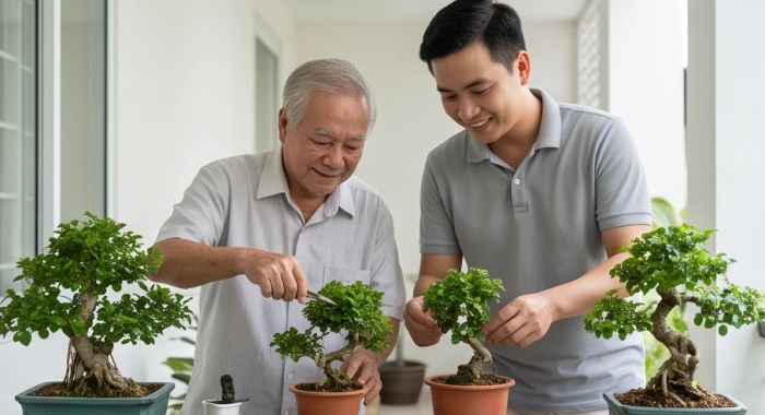 Người ông sinh năm 1952 vui vẻ cùng con cháu thuộc bộ tam hợp Thân Tý Thìn chăm sóc cây cảnh sân nhà