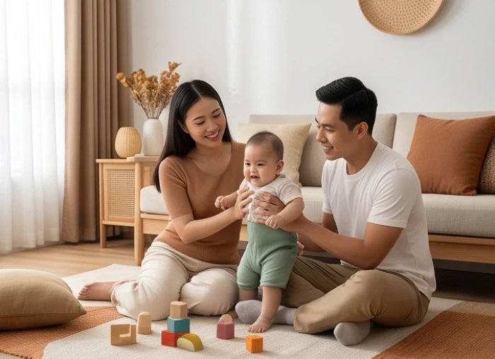 Gia đình cha mẹ cùng bé sinh năm Giáp Thìn trò chuyện vui vẻ trong phòng khách bố trí hài hòa ngũ hành