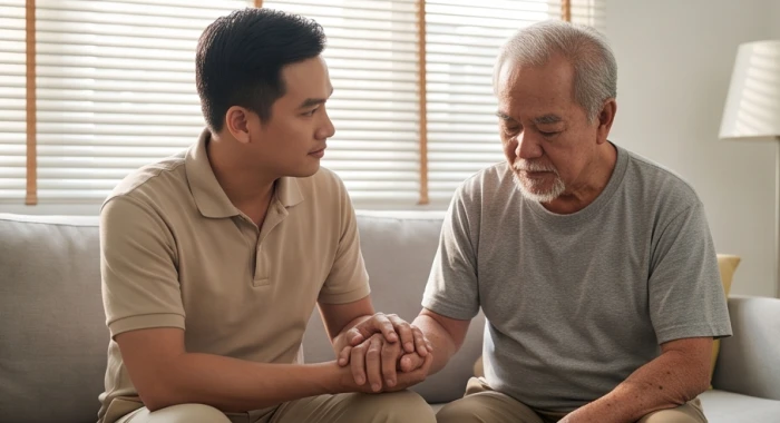 Người chăm sóc thuộc tuổi Thân và Tý kiên nhẫn ngồi lắng nghe cụ cao niên Bạch Lạp Kim tâm sự trong căn phòng sáng sủa