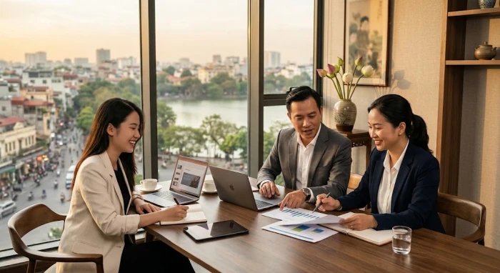 Ba doanh nhân Việt Nam thảo luận chiến lược tượng trưng cho sức mạnh tam hợp tuổi dần trong hợp tác kinh doanh