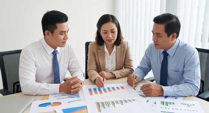 Nhóm doanh nhân tam hợp Dần Ngọ Tuất cùng phân tích biểu đồ chiến lược và quản trị rủi ro dòng tiền trong phòng họp