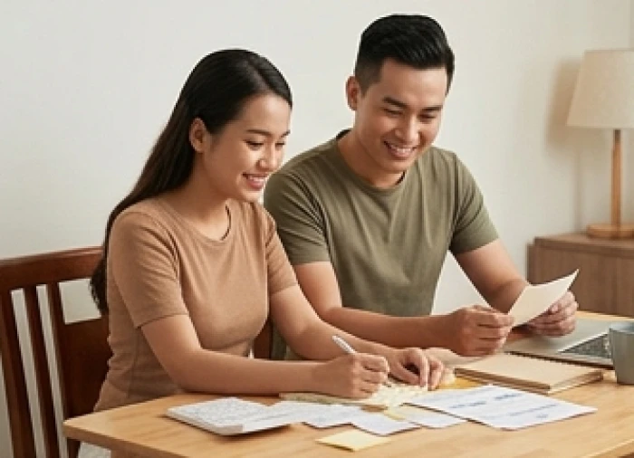 Vợ chồng tuổi Hợi và tuổi Mão cùng trò chuyện hòa thuận và chia sẻ kế hoạch tài chính gia đình trong phòng khách