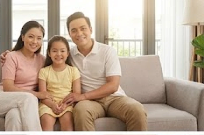 Gia đình nhỏ ba người cùng nhau trò chuyện ấm cúng trong phòng khách thể hiện sự hòa thuận của tam hợp tuổi mão