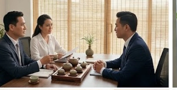 Buổi trà đàm phán thương mại giữa các đối tác trong nhóm ngoại giao tam hợp tuổi mão với không gian yên tĩnh