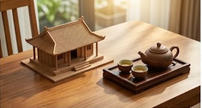 Mô hình ngôi nhà truyền thống trên bàn gỗ biểu tượng cho sự tích lũy điền sản vững chắc của tam hợp