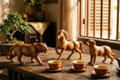 Bộ ba tượng linh vật bằng gỗ đặt trên bàn trà truyền thống thể hiện nguyên tắc phong thủy tam hợp tuổi ngọ