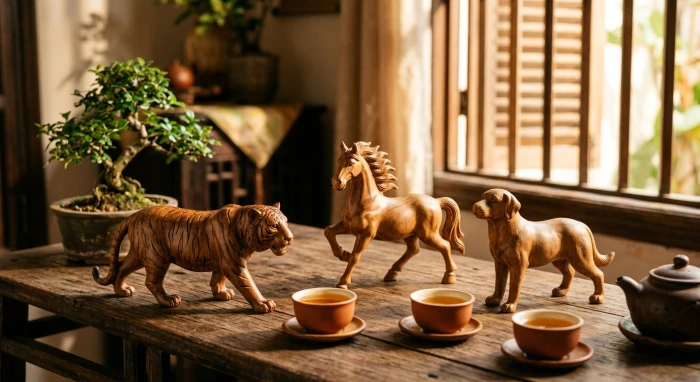 Bộ ba tượng linh vật bằng gỗ đặt trên bàn trà truyền thống thể hiện nguyên tắc phong thủy tam hợp tuổi ngọ