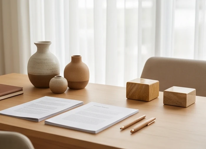 Bàn làm việc chung trang trí đồ gốm sứ và đá tự nhiên giúp cân bằng năng lượng tam hợp tuổi ngọ