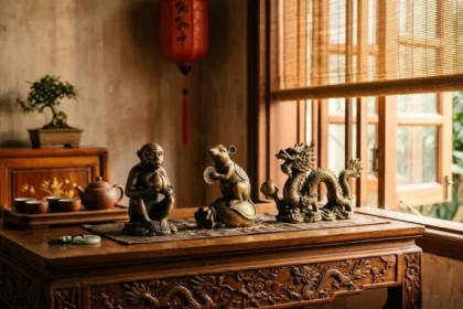 Tượng phong thủy tinh xảo đại diện cho bộ ba tam hợp tuổi thân được bài trí trang trọng trên bàn gỗ cổ truyền
