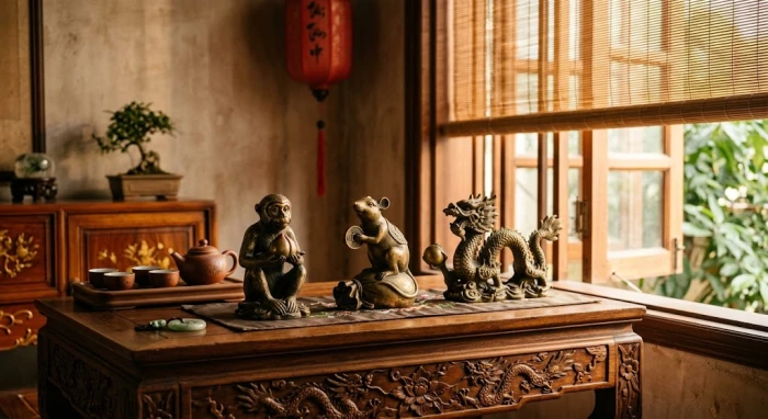 Tượng phong thủy tinh xảo đại diện cho bộ ba tam hợp tuổi thân được bài trí trang trọng trên bàn gỗ cổ truyền