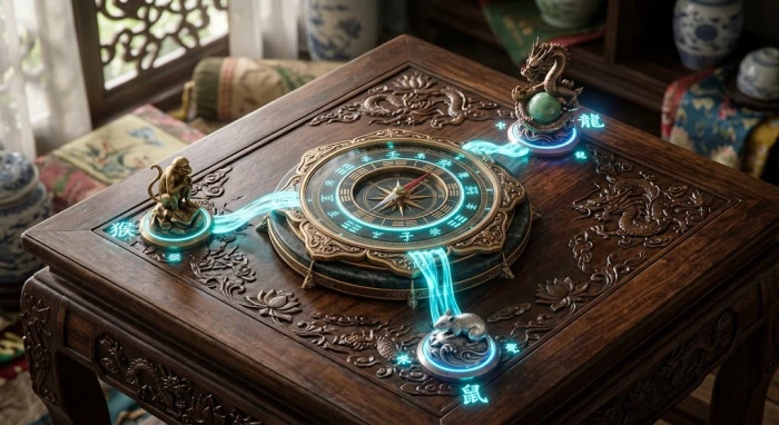 Mô hình phong thủy thể hiện dòng chảy năng lượng tương sinh mạnh mẽ trong nhóm tam hợp tuổi thìn bao gồm thân tý và thìn
