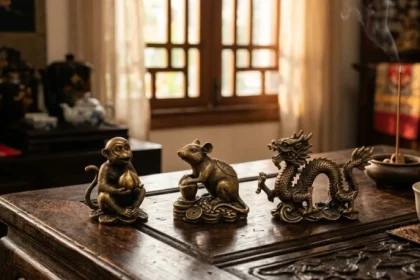 Bộ tượng ba linh vật bằng đồng tượng trưng cho tam hợp tuổi Tý được đặt trang trọng trên chiếc bàn gỗ