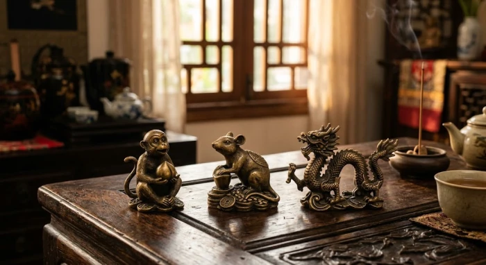 Bộ tượng ba linh vật bằng đồng tượng trưng cho tam hợp tuổi Tý được đặt trang trọng trên chiếc bàn gỗ