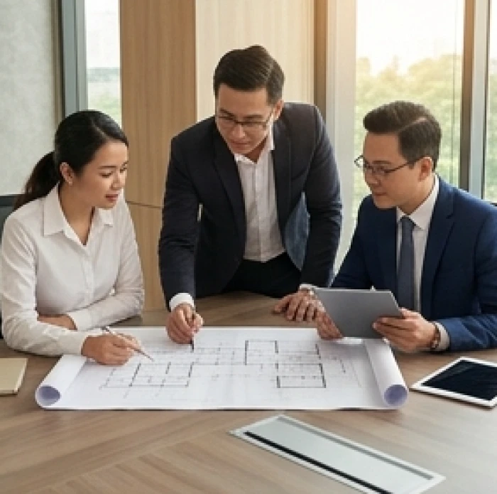 Nhóm đối tác tam hợp Tỵ Dậu Sửu cùng thảo luận chiến lược kinh doanh bên bàn làm việc chuyên nghiệp