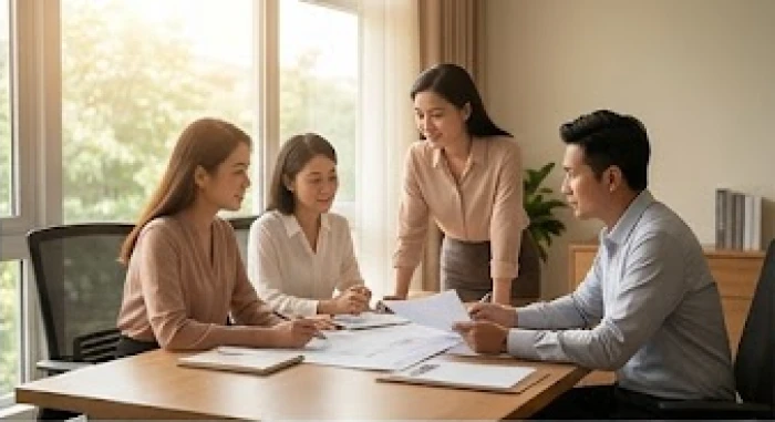 Ba người cộng sự đang thảo luận hợp đồng kinh doanh trên bàn làm việc tràn ngập ánh sáng tự nhiên