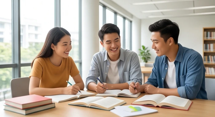 Nhóm học sinh trao đổi bài tập thể hiện sự kết hợp ăn ý theo bộ tam hợp Tỵ Dậu Sửu trong không gian học đường