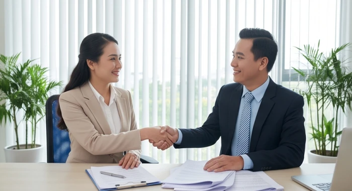 Hai đối tác kinh doanh trao đổi hợp đồng trong không gian văn phòng hợp ngũ hành tuổi Tân Dậu
