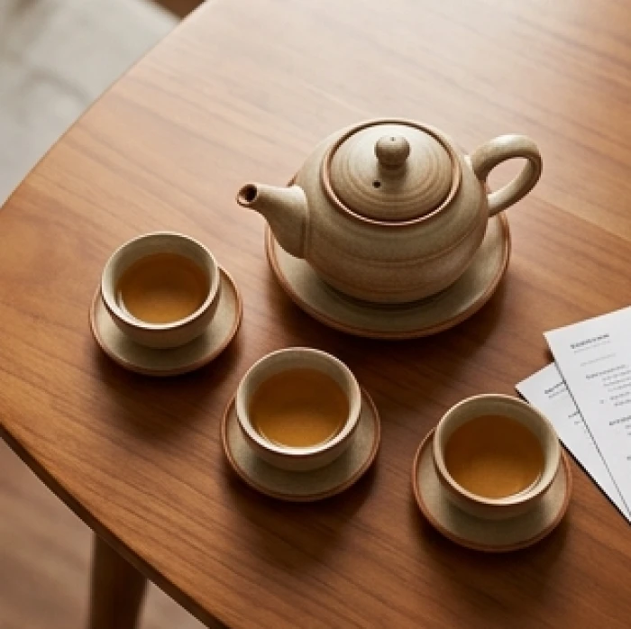 Buổi trà đạo ấm cúng bàn thảo công việc giữa đối tác mang các tuổi tam hợp tỵ dậu sửu trong không gian yên tĩnh