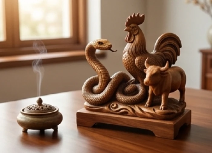Mô hình vòng chu kỳ bộ tam hợp Tỵ Dậu Sửu cùng lục hợp Thìn Dậu chế tác bằng gỗ trang trí trên bàn trà