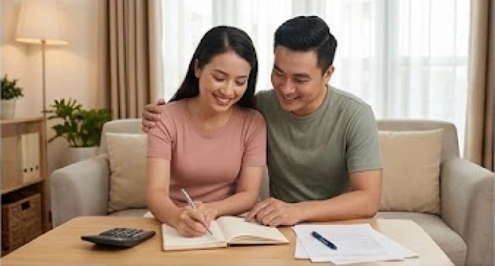 Hai vợ chồng cùng nhau ghi chép sổ sách và quản lý tài chính gia đình trong phòng khách ấm cúng