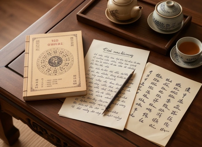 Bảng tra cứu lá số tử vi tam hợp và lục hợp của vợ chồng trên bàn trà bằng gỗ truyền thống
