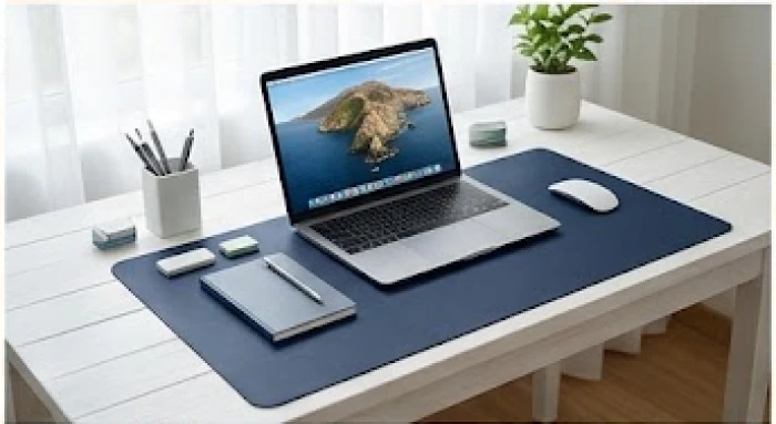 Tấm lót bàn màu xanh đậm trải rộng trên mặt bàn trắng hỗ trợ chuyển hóa năng lượng hành Kim