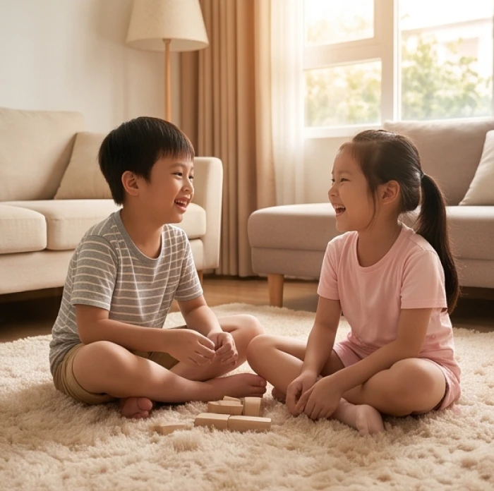 Bé trai và bé gái 7 tuổi đang cùng nhau trò chuyện vui vẻ tại phòng khách gia đình