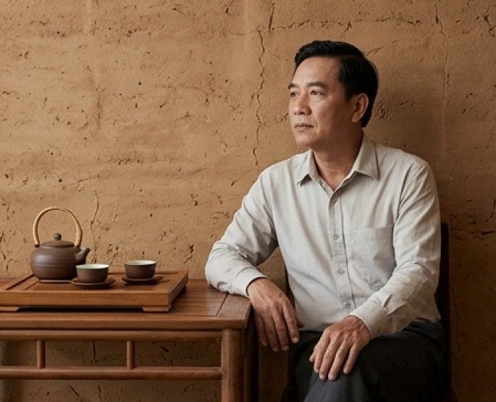 Người nam tuổi tân sửu 1961 ngồi trầm tư bên bàn trà trong không gian ấm cúng thể hiện sự kiên định