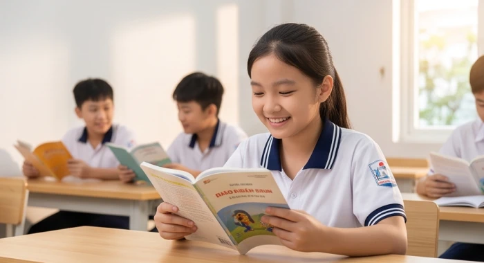 Học sinh lớp sáu tuổi Ất Mùi đang vui vẻ thảo luận bài tập nhóm cùng bạn bè tại không gian học tập chung