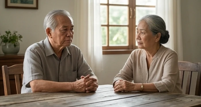 Sự khác biệt tâm lý của ông và bà tuổi Canh Dần thể hiện qua nét mặt trầm tư bên bàn trà gia đình