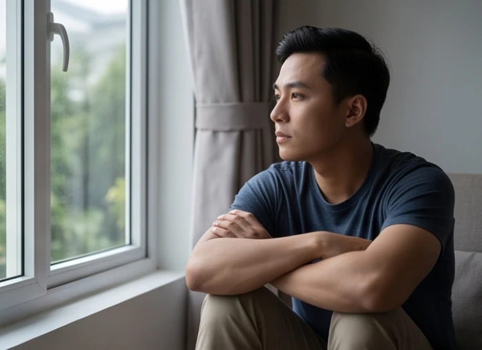 Nam giới tuổi Ngọ trầm ngâm nhìn ra cửa sổ bộc lộ trạng thái khép kín và phòng thủ khi cảm thấy không gian riêng bị xâm phạm