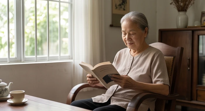 Chân dung người cao tuổi sinh năm 1955 toát lên vẻ tĩnh tại khi thảnh thơi đọc sách giúp nuôi dưỡng tâm hồn