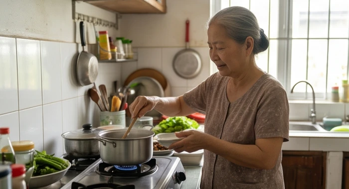 Người phụ nữ lớn tuổi đang cẩn thận chuẩn bị mâm cơm, ánh mắt chan chứa sự quan tâm nhưng mang chút âu lo thầm kín