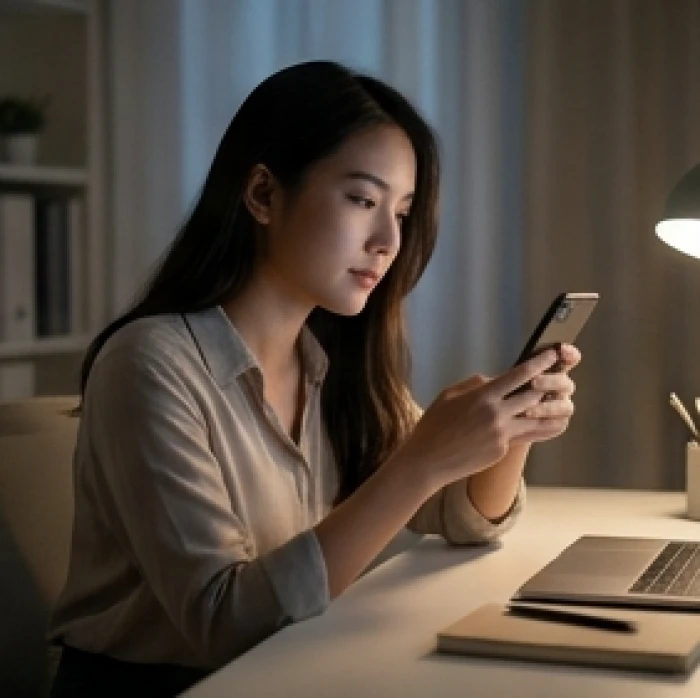 Cô gái nữ mạng Bính Tý suy tư khi xem tin nhắn trên điện thoại bên bàn làm việc trong căn phòng yên tĩnh