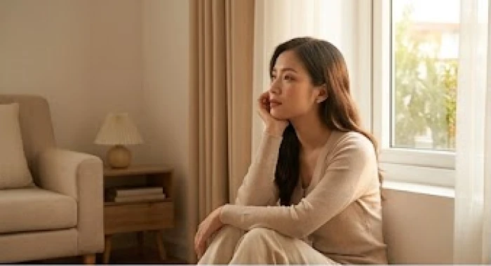 Người phụ nữ tuổi Hợi trầm ngâm suy nghĩ bên khung cửa sổ do bản tính phụ thuộc cảm xúc khi yêu
