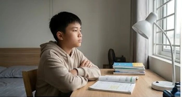 Cậu bé 13 tuổi ngồi học trong phòng riêng với vẻ mặt đăm chiêu suy nghĩ về bài vở