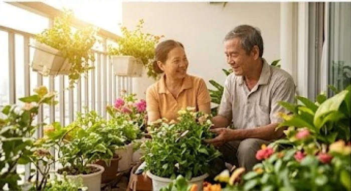 Đôi vợ chồng lớn tuổi đang cùng nhau chăm sóc những chậu cây cảnh nhỏ ngoài ban công buổi sáng thanh bình