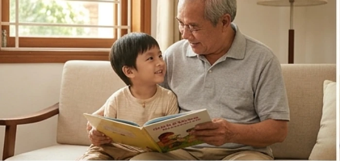 Người ông sinh năm 1951 ngồi đọc sách cùng cháu nhỏ trong phòng khách yên bình thể hiện sự gắn kết gia đình