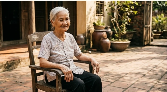 Cụ bà ngồi phơi nắng nhẹ ở khoảng sân gạch khô ráo và tránh xa những khu vực có độ ẩm cao trong nhà