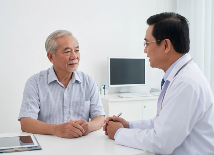 Cụ ông 77 tuổi được bác sĩ tận tình kiểm tra chỉ số tim mạch trong buổi tầm soát sức khỏe định kỳ