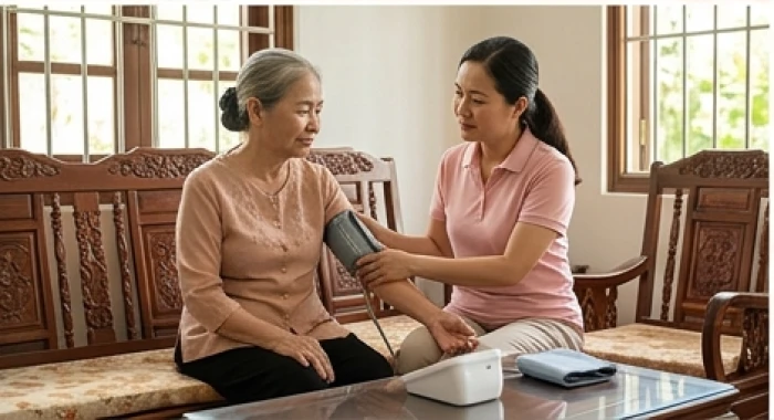 Cụ bà tuổi Nhâm Thìn 1952 kiểm tra huyết áp định kỳ tại nhà nhằm phòng ngừa hạn Huỳnh Tuyền năm 2027